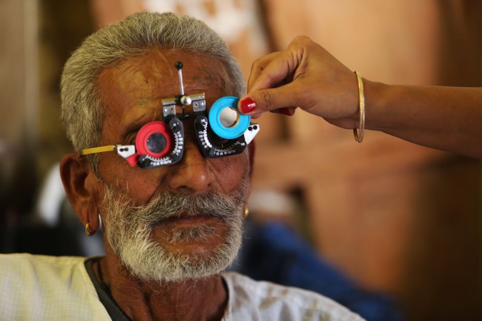 Senior patient during a glaucoma vision assessment